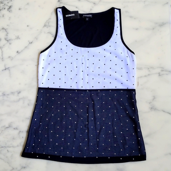 NWT. Express Gorgeous Black/White Sparkles and Sheer Sleeveless Blouse w/Lining. - Picture 3 of 6